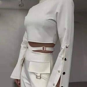 Elegant White Long Sleeve Jumpsuit with Belted Waist